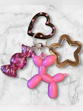 Pink Balloon Dog Key & Card Holder Charm - Cute Heart Clip